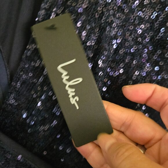Lulus NWT Weekender Navy Blue Faux Wrap Sequin Mini Dress Size L - Picture 9 of 11